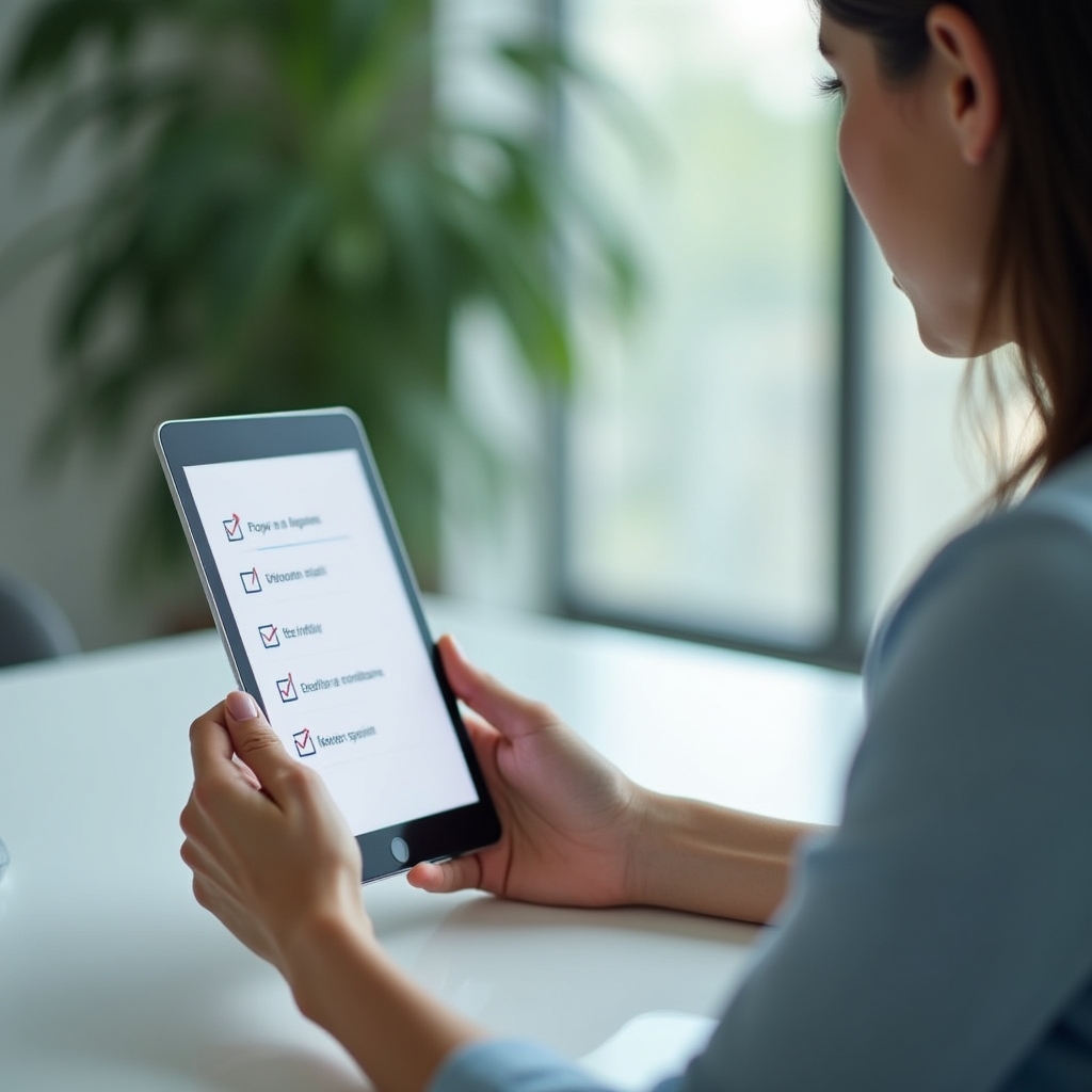 Person hält ein Tablet mit digitaler Reflexionscheckliste zum Kursmodul