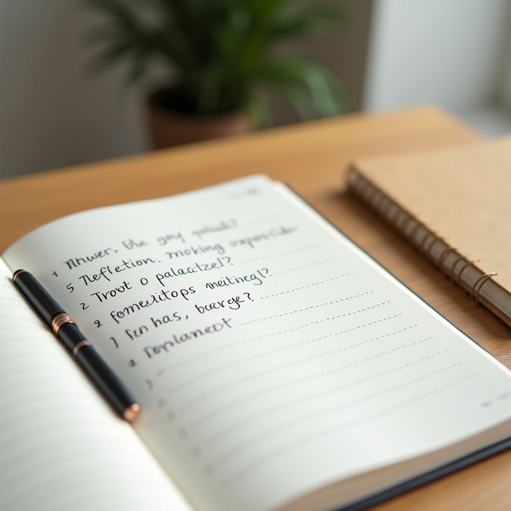 Aufgeschlagenes Notizbuch mit handschriftlichen Reflexionsfragen und Stift