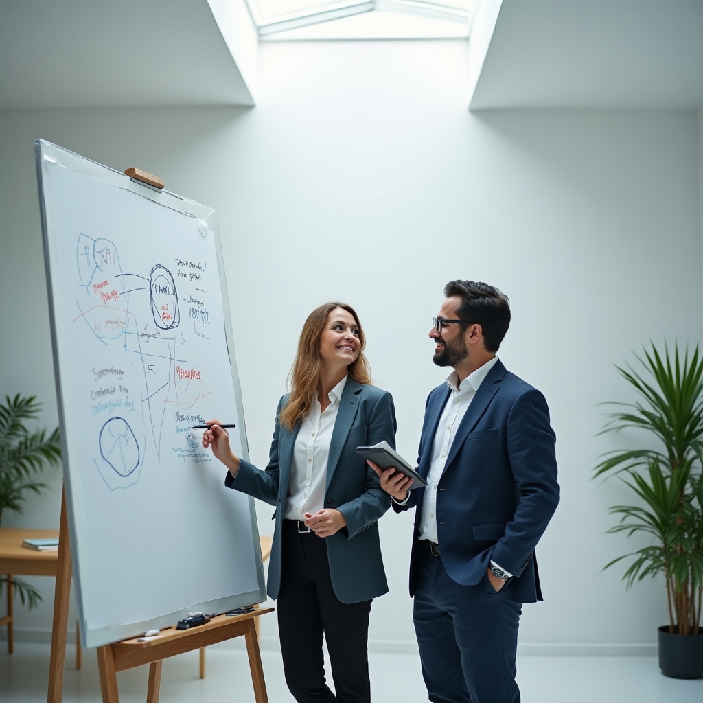 Arbeitsplatz mit Notizen und Unterlagen zur Kursentwicklung im hellen Büro